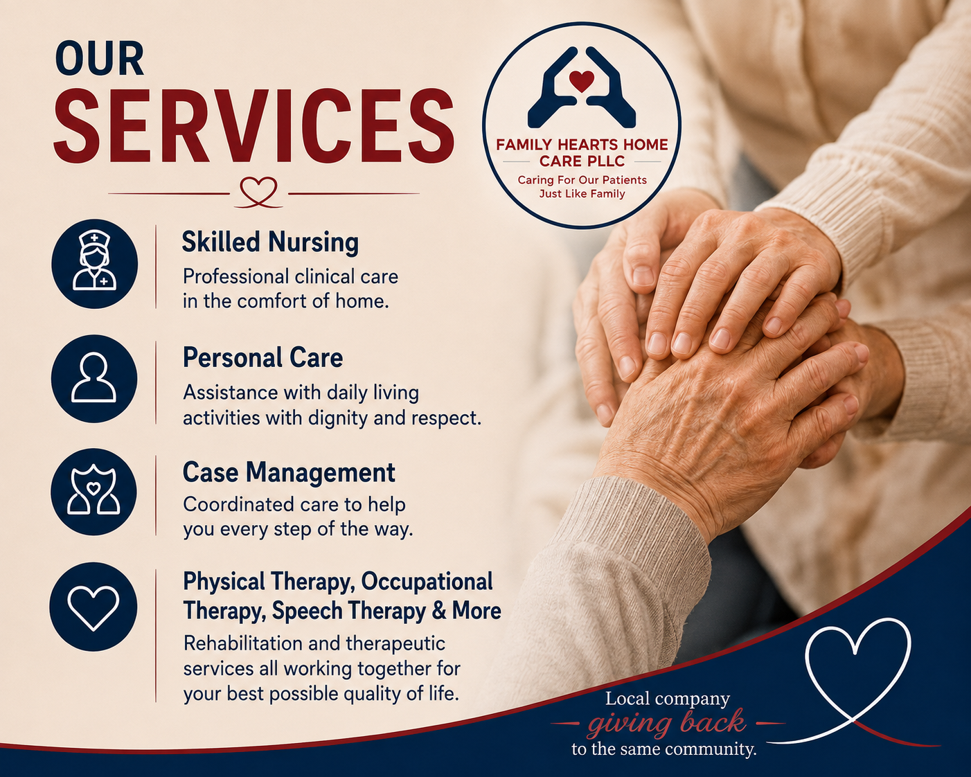 Family Hearts Home Care services: compassionate care, skilled nursing, in-home care, treated like family, case management, and therapy